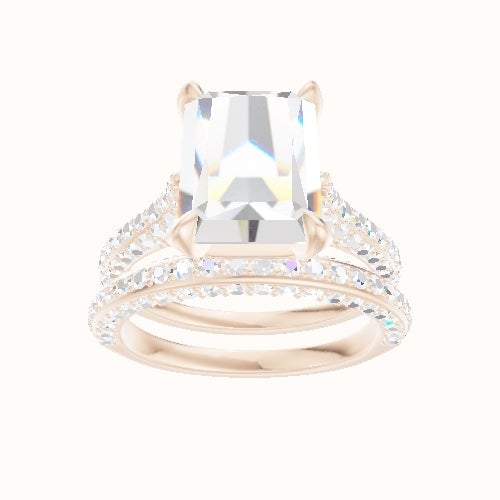 Petite Cathedral Three Row Engagement Ring With Pave Basket Head and Matching Band