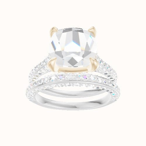 Petite Cathedral Three Row Engagement Ring With Pave Basket Head and Matching Band