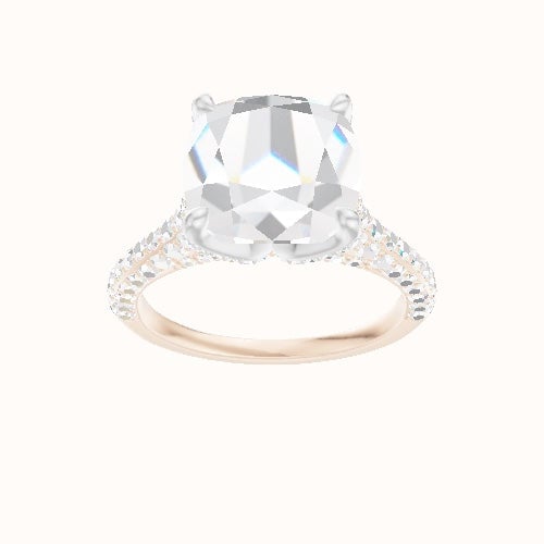 Petite Cathedral Three Row Engagement Ring With Pave Petal Four Prong Head