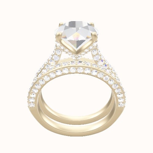 Petite Cathedral Three Row Engagement Ring With Pave Petal Four Prong Head and Matching Band