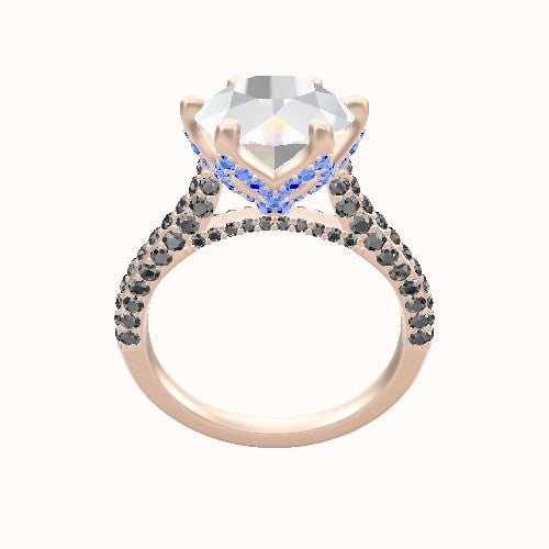 Petite Cathedral Three Row Engagement Ring With Pave Petal Six Prong Head