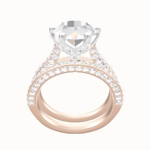 Petite Cathedral Three Row Engagement Ring With Pave Petal Six Prong Head and Matching Band