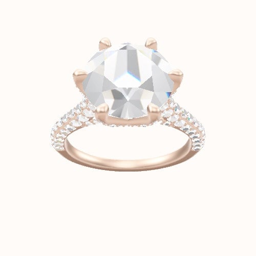 Petite Cathedral Three Row Engagement Ring With Pave Petal Six Prong Head and Matching Band