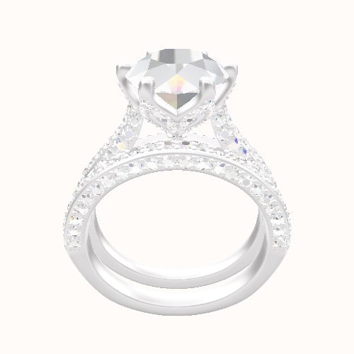 Petite Cathedral Three Row Engagement Ring With Pave Petal Six Prong Head and Matching Band