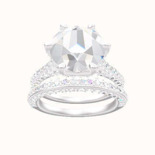 Petite Cathedral Three Row Engagement Ring With Pave Petal Six Prong Head and Matching Band