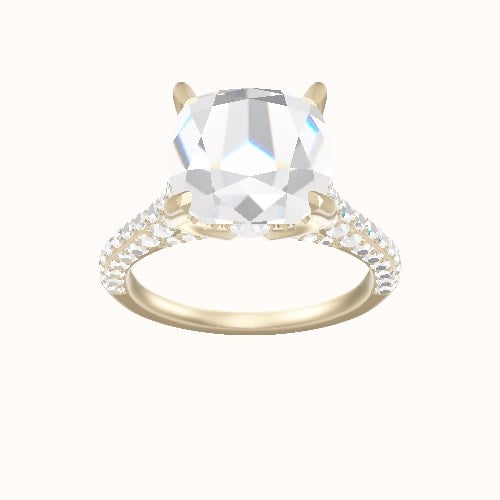 Petite Cathedral Three Row Engagement Ring With Pave Tulip Prongs w. Surprise Diamond Head and Matching Band