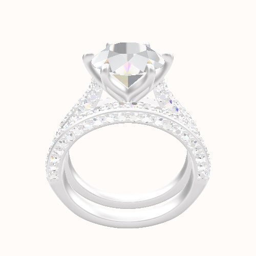 Petite Cathedral Three Row Engagement Ring With Petal Six Prong Head and Matching Band