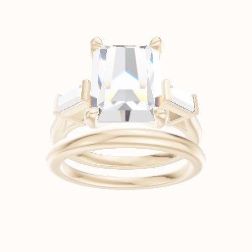 Plain Band with Baguette Sidestones Engagement Ring With Four Prong Head and Matching Band