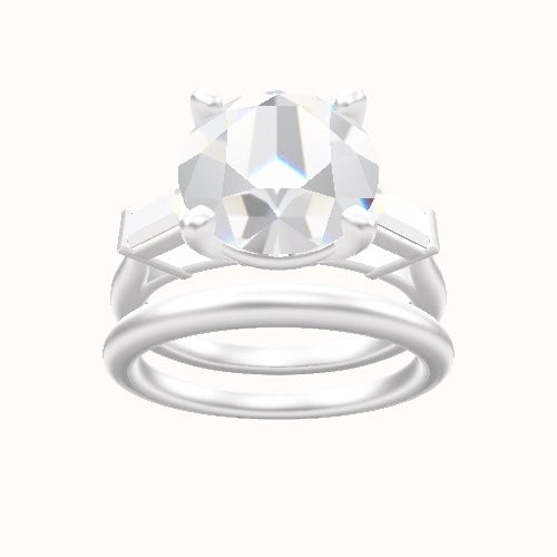 Plain Band with Baguette Sidestones Engagement Ring With High Set Four Prong Head and Matching Band