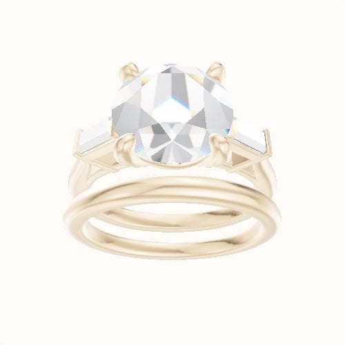 Plain Band with Baguette Sidestones Engagement Ring With Low Set Four Prong Head and Matching Band