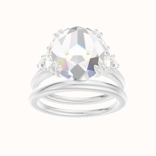 Plain Band with Marquise & Round Diamond Sidestones Engagement Ring With Double Prongs Head and Matching Band