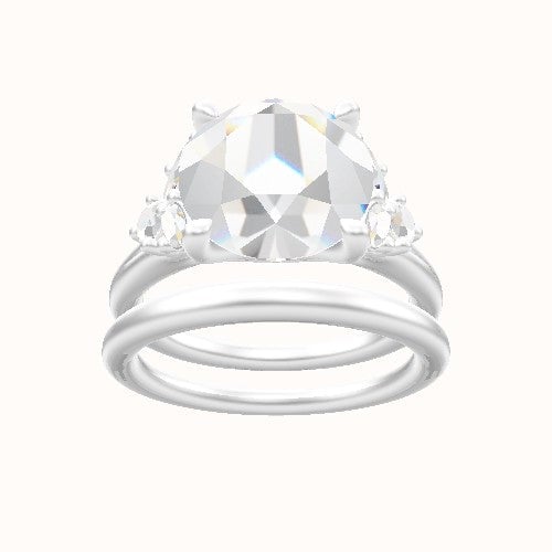 Plain Band with Marquise & Round Diamond Sidestones Engagement Ring With Four Prong Head and Matching Band