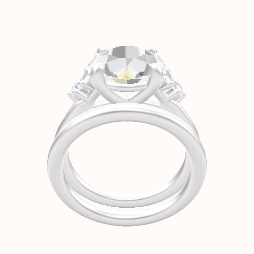 Plain Band with Marquise & Round Diamond Sidestones Engagement Ring With Low Set Four Prong Head and Matching Band
