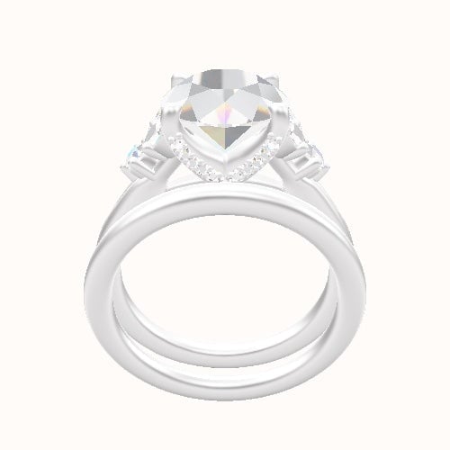 Plain Band with Marquise & Round Diamond Sidestones Engagement Ring With Pave V Prong Head and Matching Band