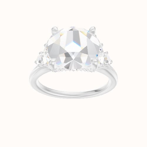 Plain Band with Marquise & Round Diamond Sidestones Engagement Ring With Pave V Prong Head