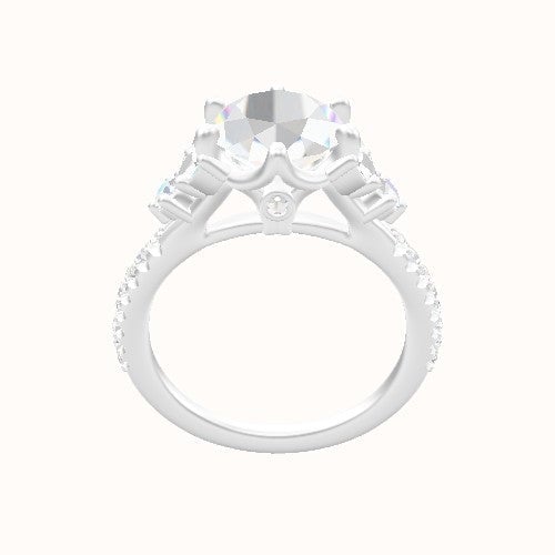 Plain Band with Marquise & Round Sidestone Trio Engagement Ring With Crown Six Prong w. accent Diamond Head