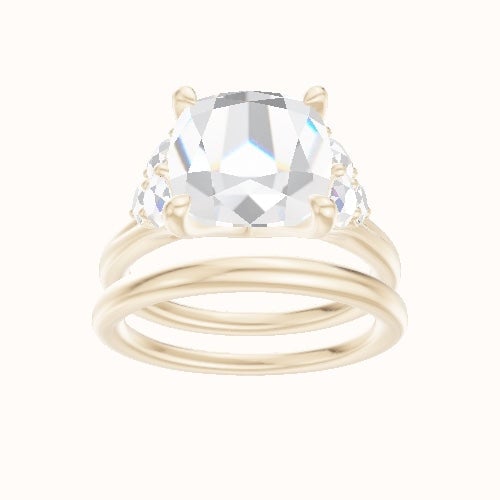 Plain Band with Round Sidestone Trio Engagement Ring With Four Prong Head and Matching Band