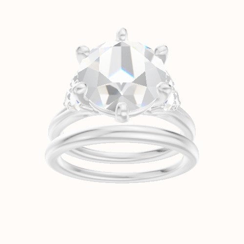 Plain Band with Round Sidestone Trio Engagement Ring With High Set Six Prong Head and Matching Band