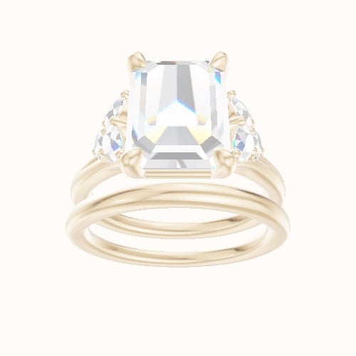 Plain Band with Round Sidestone Trio Engagement Ring With Low Set Four Prong Head and Matching Band