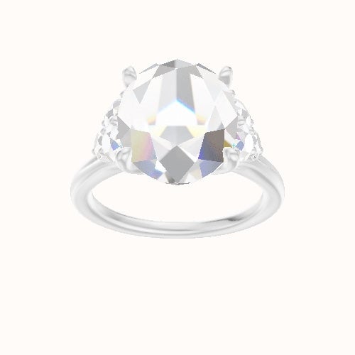 Plain Band with Round Sidestone Trio Engagement Ring With Petal Four Prong Head