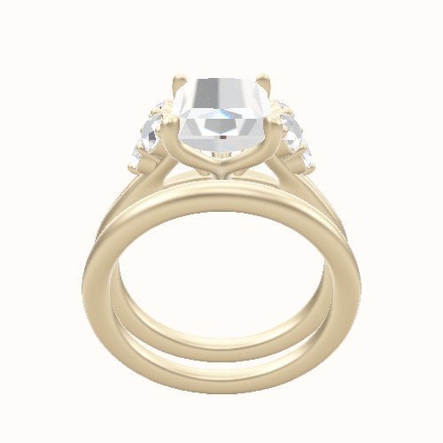 Plain Band with Round Sidestone Trio Engagement Ring With Petal Four Prong Head and Matching Band