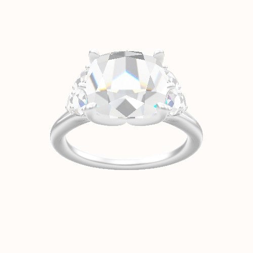 Plain Band with Round Sidestone Trio Engagement Ring With Petal Four Prong Head