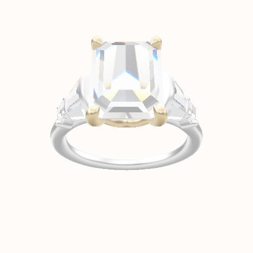 Plain Band with Triple Tapered Baguettes & Round Sidestones Engagement Ring With Crown Four Prong w. Surprise Diamond Head and Matching Band