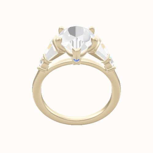 Plain Band with Triple Tapered Baguettes & Round Sidestones Engagement Ring With Crown Four Prong w. Surprise Diamond Head