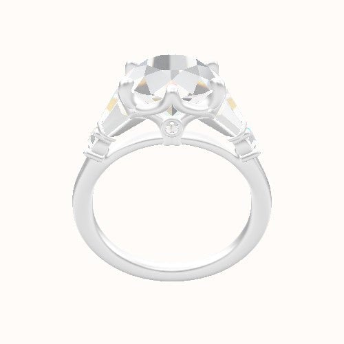 Plain Band with Triple Tapered Baguettes & Round Sidestones Engagement Ring With Crown Six Prong w. accent Diamond Head