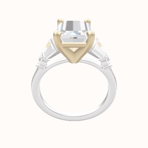 Plain Band with Triple Tapered Baguettes & Round Sidestones Engagement Ring With High Set Four Prong Head