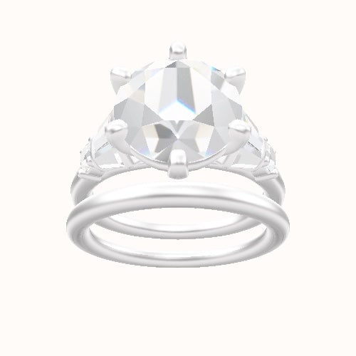 Plain Band with Triple Tapered Baguettes & Round Sidestones Engagement Ring With High Set Six Prong Head and Matching Band