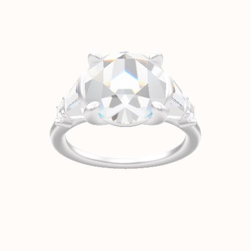 Plain Band with Triple Tapered Baguettes & Round Sidestones Engagement Ring With Low Set Four Prong Head