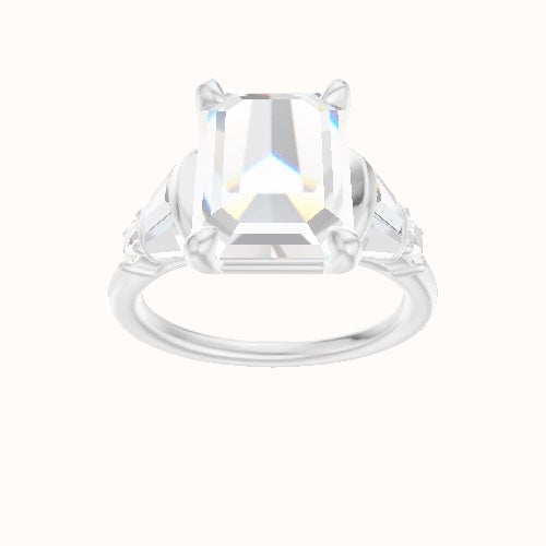 Plain Band with Triple Tapered Baguettes & Round Sidestones Engagement Ring With Low Set Four Prong Head