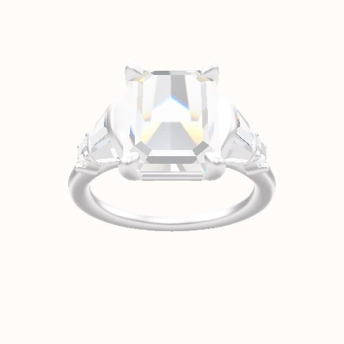 Plain Band with Triple Tapered Baguettes & Round Sidestones Engagement Ring With Low Set Four Prong Head and Matching Band
