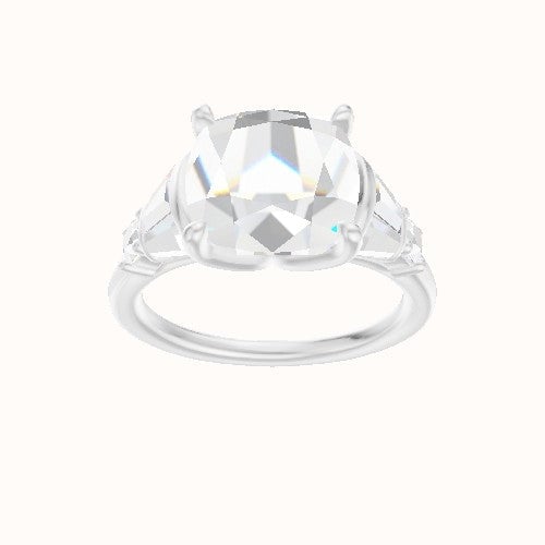 Plain Band with Triple Tapered Baguettes & Round Sidestones Engagement Ring With Petal Four Prong Head