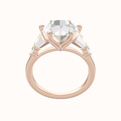 Plain Band with Triple Tapered Baguettes & Round Sidestones Engagement Ring With Petal Six Prong Head