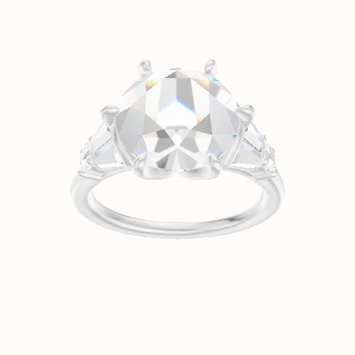 Plain Band with Triple Tapered Baguettes & Round Sidestones Engagement Ring With Petal Six Prong Head