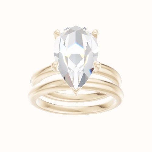Rounded Solitaire Engagement Ring With Crown Four Prong w. Surprise Diamond Head and Matching Band