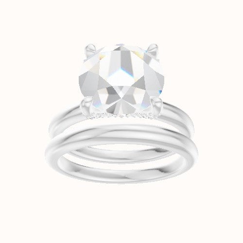 Rounded Solitaire Engagement Ring With Double Pave V Prong Head and Matching Band