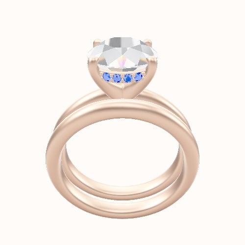 Rounded Solitaire Engagement Ring With V Prong with Hidden Halo Head and Matching Band