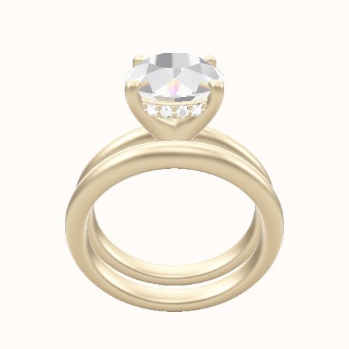Rounded Solitaire Engagement Ring With V Prong with Hidden Halo Head and Matching Band