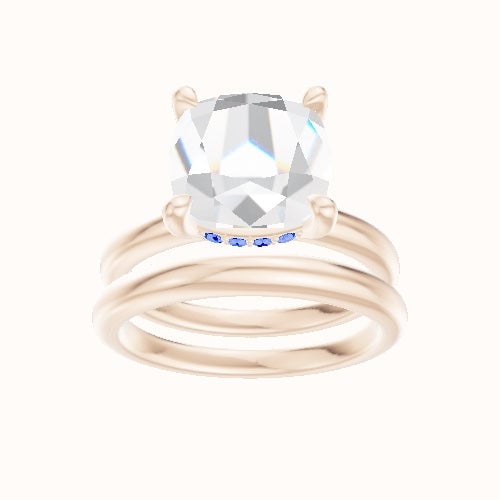 Rounded Solitaire Engagement Ring With V Prong with Hidden Halo Head and Matching Band