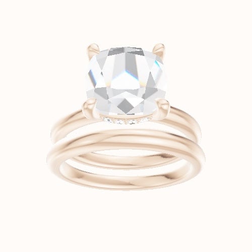 Rounded Solitaire Engagement Ring With V Prong with Hidden Halo Head and Matching Band