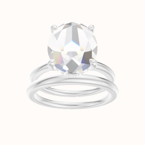 Solitaire Engagement Ring With V Prong with Hidden Halo Head and Matching Band