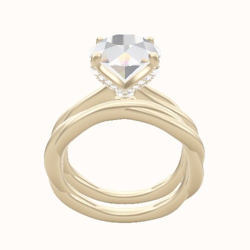 Solitaire Rope Engagement Ring With Pave Petal Four Prong Head and Matching Band