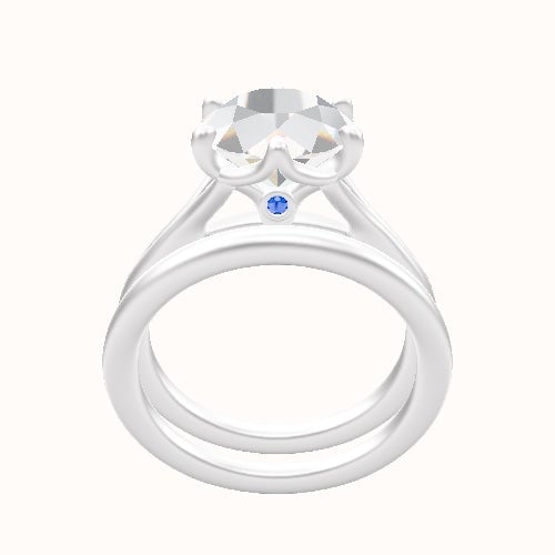 Split Cathedral Engagement Ring With Crown Six Prong w. accent Diamond Head and Matching Band