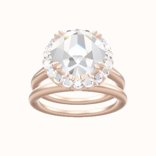 Split Cathedral Engagement Ring With Halo with Double Prong Head and Matching Band