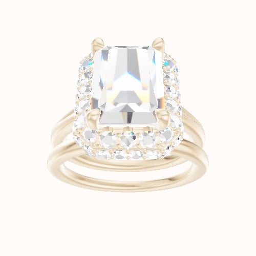 Split Cathedral Engagement Ring With Low Set Waterfall Halo Head and Matching Band