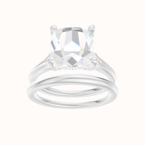 Split Cathedral Engagement Ring With Pave V Prong Head and Matching Band
