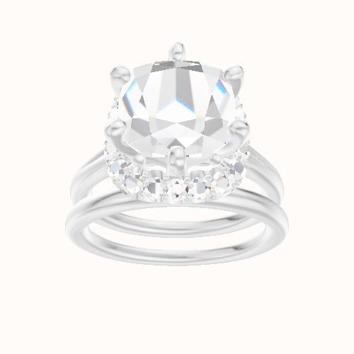 Split Cathedral Engagement Ring With Six Prong Halo Head and Matching Band